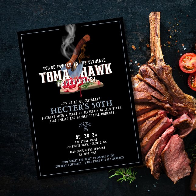 Invitation d'anniversaire Tomahawk (Bold tomahawk steak birthday invitation with fiery details for a memorable celebration.







)