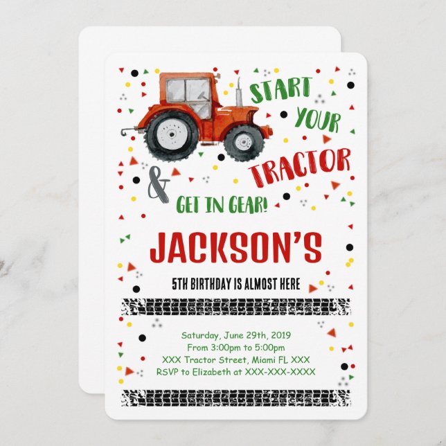 Invitation d'anniversaire tracteur (Devant / Derrière)