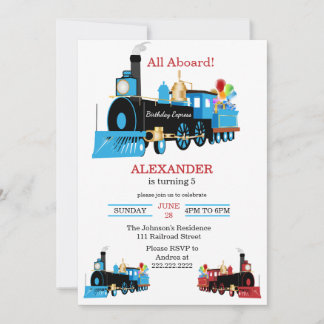 Invitation d'anniversaire Train Bleu et Rouge Tout