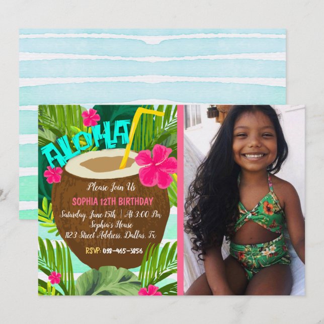 Invitation d'anniversaire tropicale Aloha (Devant / Derrière)