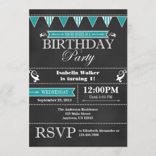 Invitation d'anniversaire Turquoise Aqua Blue Chal