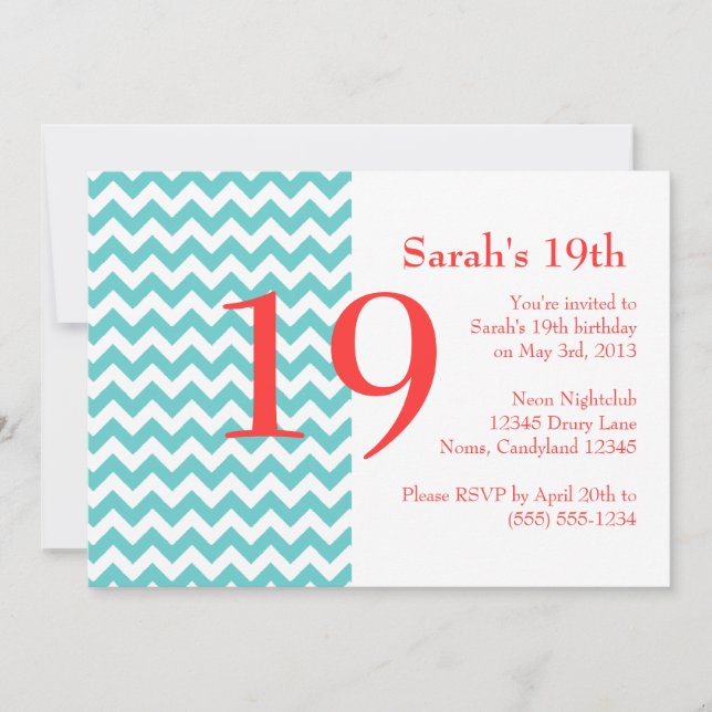 Invitation d'anniversaire Turquoise et Coral Chevr (Devant)