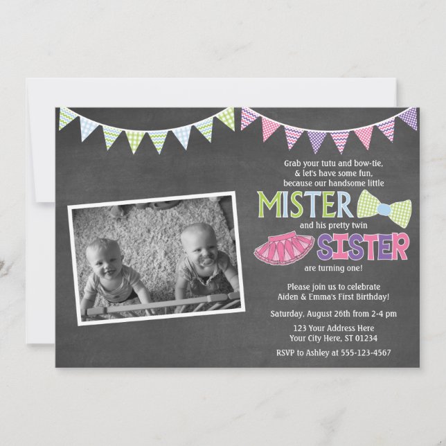 Invitation d'anniversaire Twins - Tutus et Cravate (Devant)
