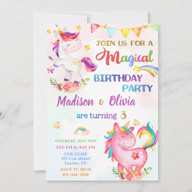Invitation d'anniversaire Unicorn pour filles Magi (Devant)