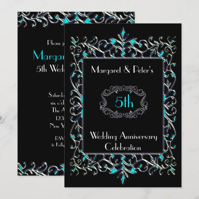 Invitation d'anniversaire vintage turquoise et arg (Devant / Derrière)