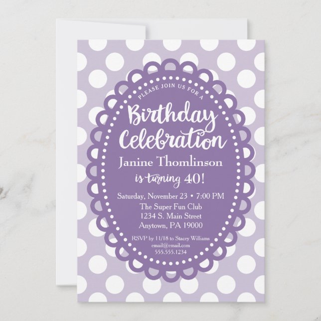 Invitation d'anniversaire violet blanc Pois adulte (Devant)