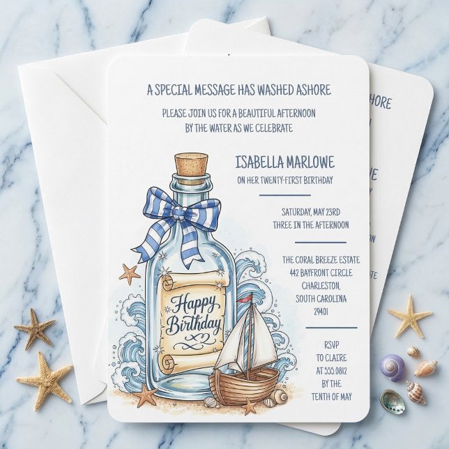 Invitation d'anniversaire voilier bouteille à mess (Your coastal party starts here.)