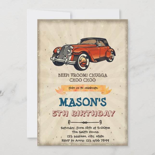 Invitation d'anniversaire voiture vintage (Devant)