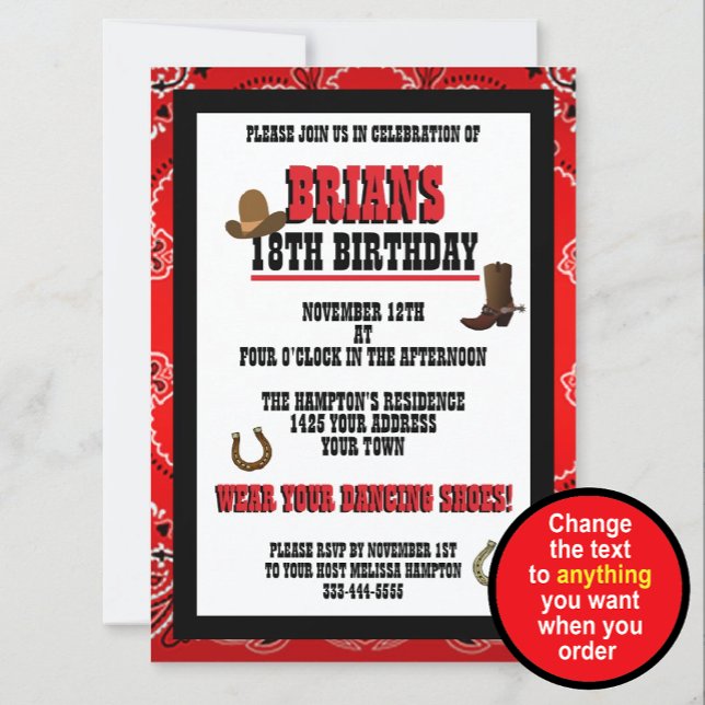 Invitation d'anniversaire Western Red & Black Hand (Créateur téléchargé)