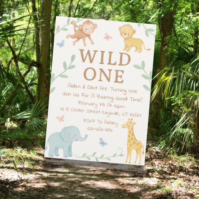 Invitation d'anniversaire Wild One Jungle (Wild One jungle-themed first birthday invitation design with tropical safari elements.)