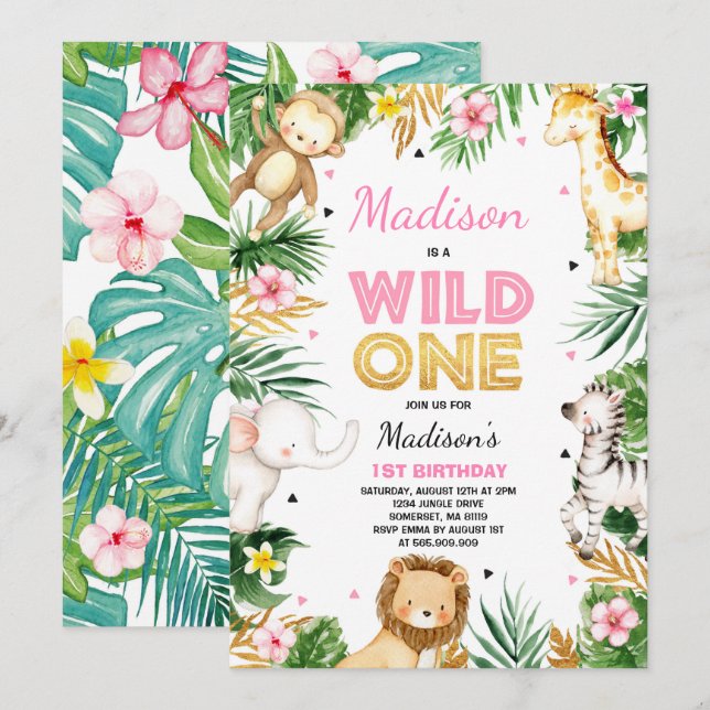 Invitation d'anniversaire Wild One Safari Animaux  (Devant / Derrière)