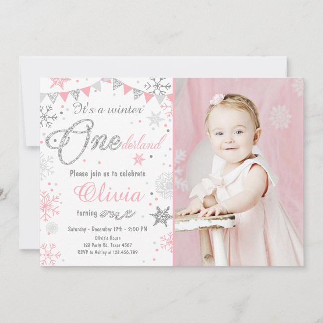 Invitation d'anniversaire Winter Onederland Argent (Devant)
