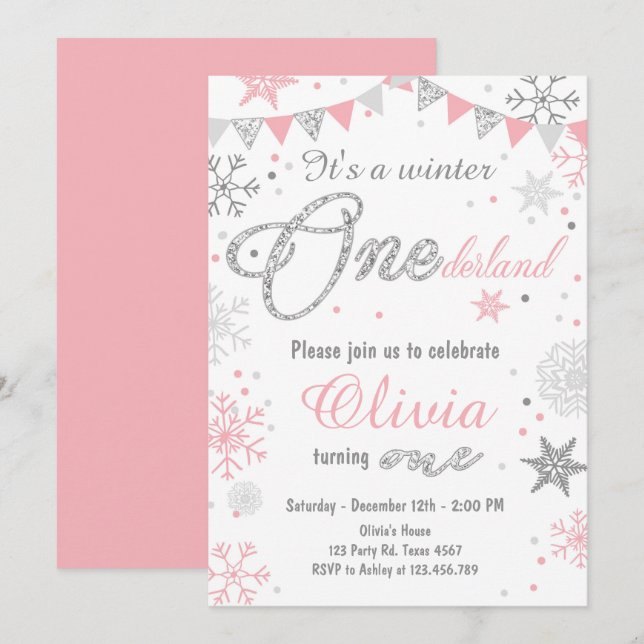 Invitation d'anniversaire Winter Onederland Argent (Devant / Derrière)