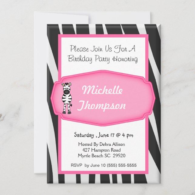 Invitation d'anniversaire Zebra (Devant)