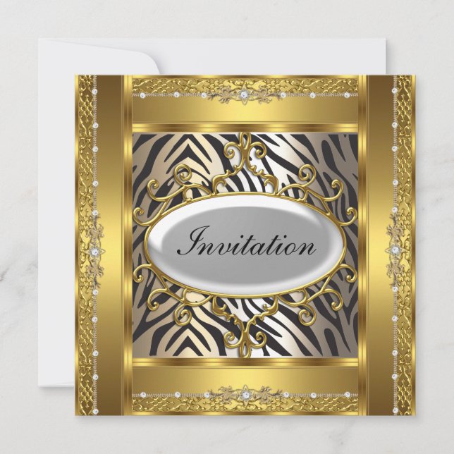 Invitation d'anniversaire Zèbre et Or (Devant)