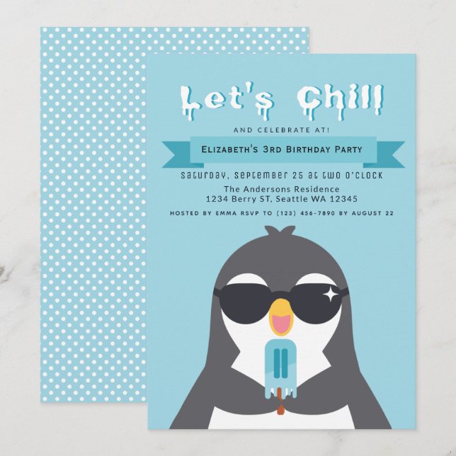 Invitation d'Anniversaires de enfants de pingouins (Devant / Derrière)