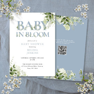 Invitation Dans Bloom Dusty Blue Greenery QR Code Baby shower
