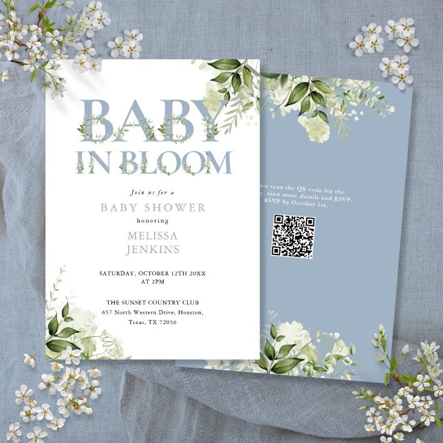 Invitation Dans Bloom Dusty Blue Greenery QR Code Baby shower (In Bloom Dusty Blue Greenery QR Code Baby Shower Invitation)