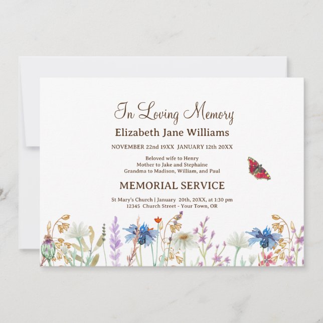 Invitation Dans Love Mémoire Funeral Fleur sauvage &Butterfly (Devant)
