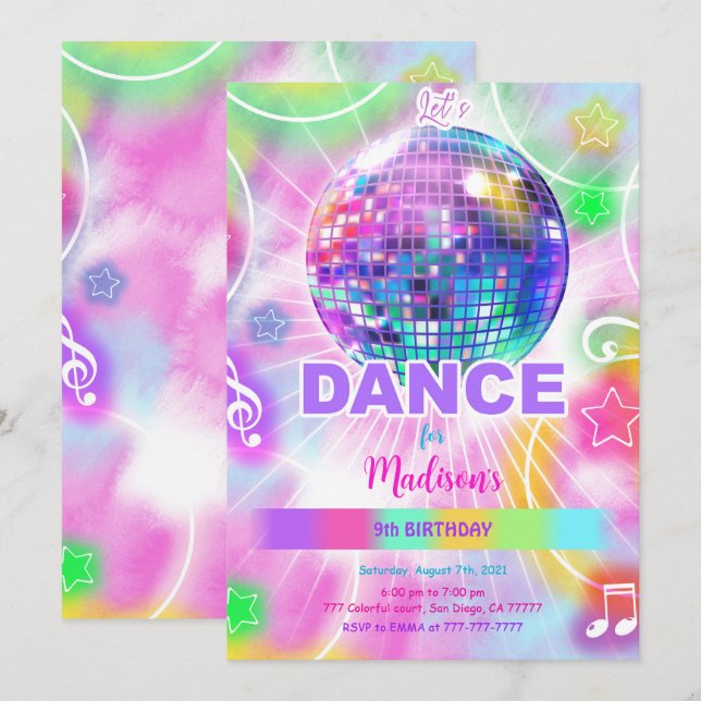 Invitation Danse Anniversaire Soirée Neon Glow (Devant / Derrière)