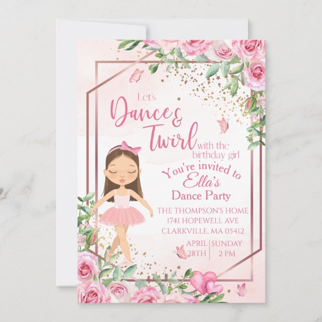 Invitation Danse de ballerine rose aquarelle anniversaire  (Devant)