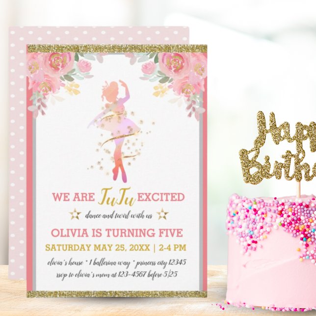 Invitation Danse de ballet rose florale fille fête d'annivers (Ballet Dancer Pink Floral Girl Birthday Party Invitation)