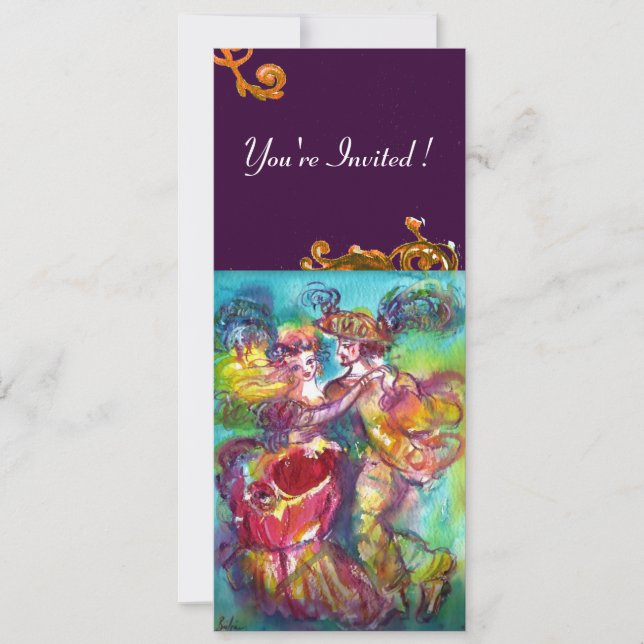 Invitation DANSE DE CARNAVAL rose bleu jaune vibrant flourish (Devant)