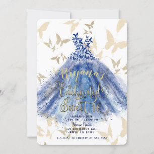 Invitation Danse de Papillon Robe Bleue & Or Douze Ans