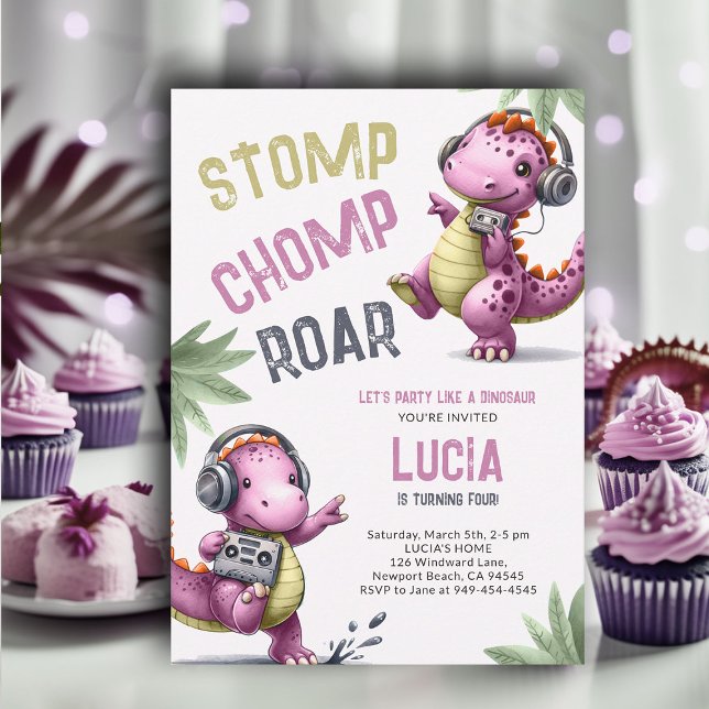 Invitation Danse Dinosaure Rose Stomp Chomp Roar Girl Anniver (Dinosaur girl birthday invitation dino stomp chomp roar pre historic jungle dance dancing party pink)