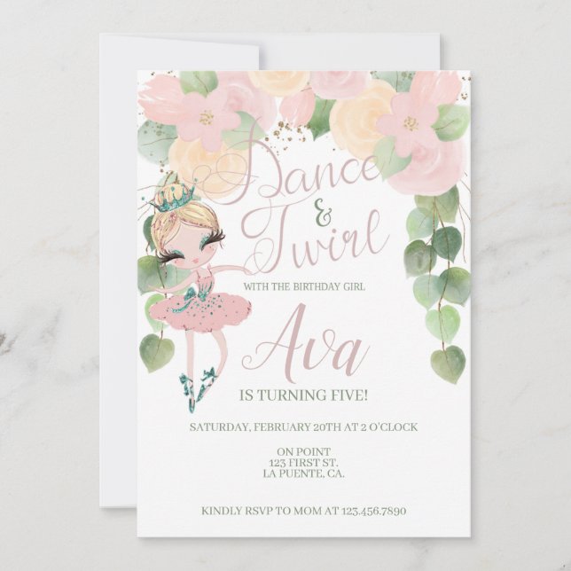 INVITATION DANSE ET TWIRL| ANNIVERSAIRE DE BALLERINA| FLORALE (Devant)