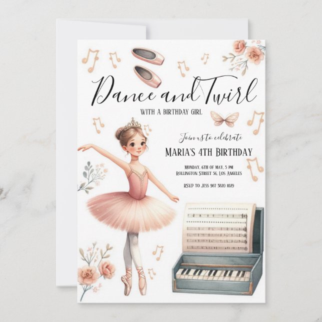 Invitation Danse et Twirl ballerina rose vif Anniversaire (Devant)