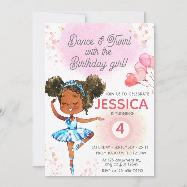 Invitation Danse et Twirl fille rose Personnalisé Anniversair (Devant)