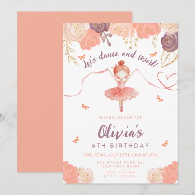 Invitation Danse et Twirl Floral Ballerina Fille Anniversaire (Devant / Derrière)