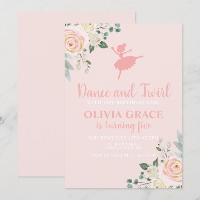 Invitation Danse et Twirl Floral rose Ballet Anniversaire (Devant / Derrière)