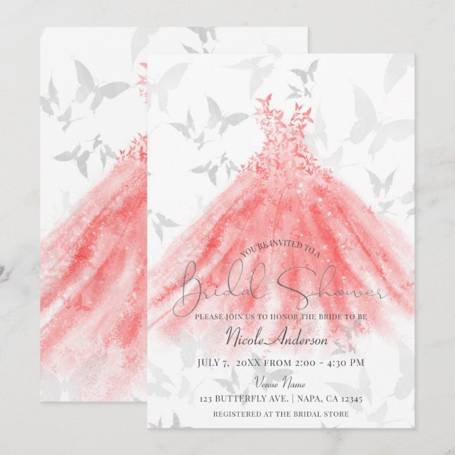 Invitation Danse papillon Coral Étincelle Robe Fête des marié (Devant / Derrière)
