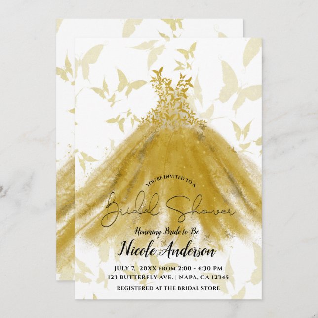 Invitation Danse papillon Fête des mariées robe or jaune (Devant / Derrière)