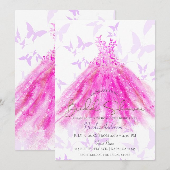 Invitation Danse papillon Purple & Robe Rose Fête des mariées (Devant / Derrière)