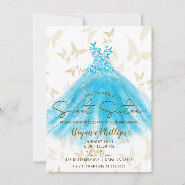Invitation Danse Papillon Robe Bleu Aqua Or Sweet 16 (Devant)
