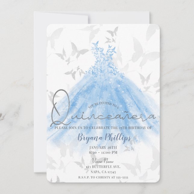 Invitation Danse papillon Robe bleu étincelante Quinceañera 1 (Devant)