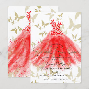 Invitation Danse papillon Robe rouge Or Sweet 16 Partie