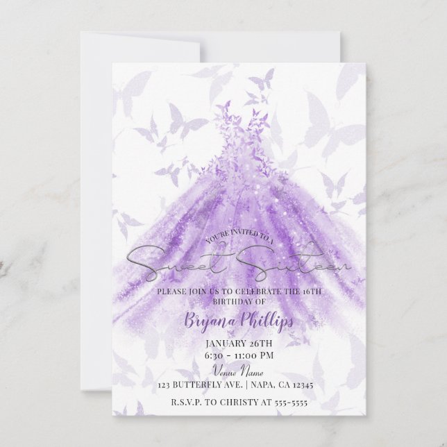 Invitation Danse papillon Robe violette Douce 16 Partie (Devant)
