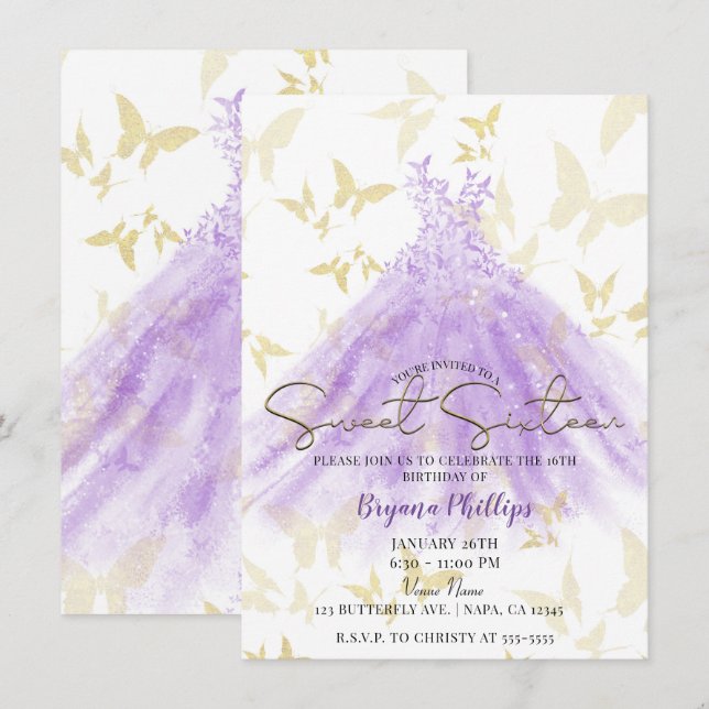 Invitation Danse papillon Robe violette Or Sweet 16 Partie (Devant / Derrière)