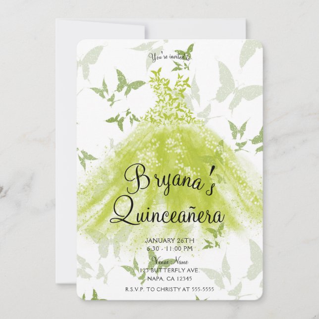 Invitation Danse papillon vert printemps Robe Quinceañera (Devant)