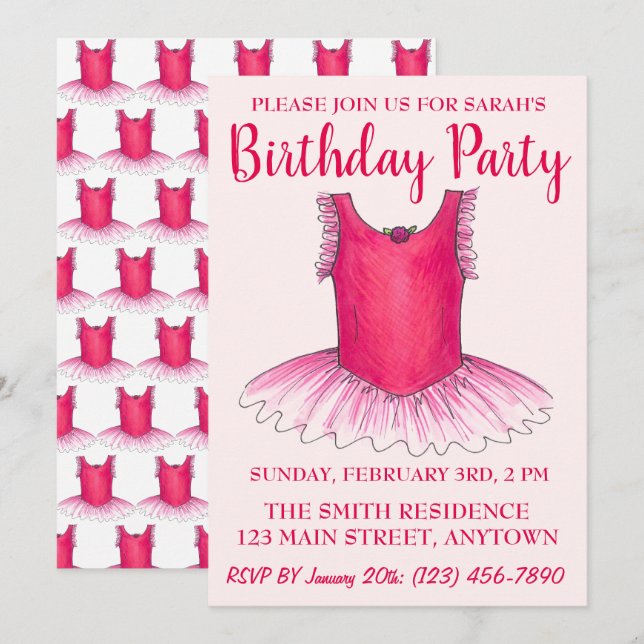 Invitation Danse rose Ballerina Tutu Ballet Anniversaire (Devant / Derrière)