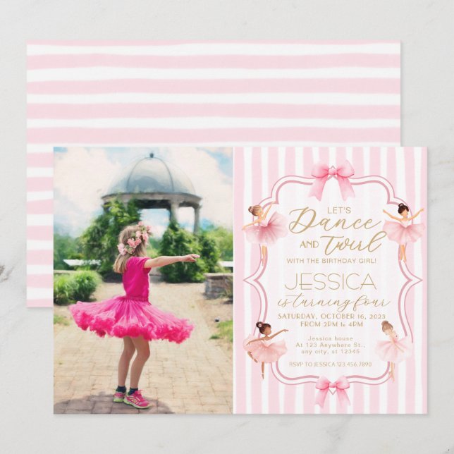 Invitation Danse & Twirl Pink Ballerina Photo Anniversaire (Devant / Derrière)