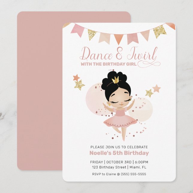 Invitation Danse & Twirl, Princesse Ballerina Anniversaire (Devant / Derrière)