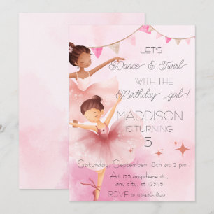 Invitation Danse & Twirl Rose Ballerina Ballet Anniversaire