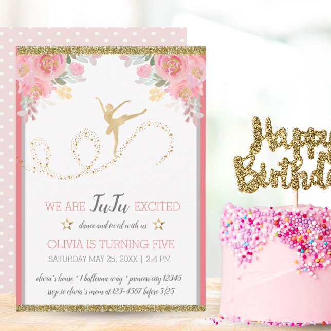 Invitation Danseuse élégante | Fille rose florale fête d'anni (Elegant Dancer | Pink Floral Girl Birthday Party Invitation)