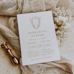 Invitation DAPHNE Crest Blanc Or Simple Répétition Dîner
