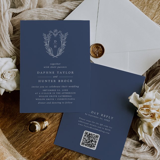 Invitation DAPHNE QR Code Bleu foncé Minimal Mariage simple (DAPHNE QR Code Dark Blue Minimal Simple Wedding Invitation)